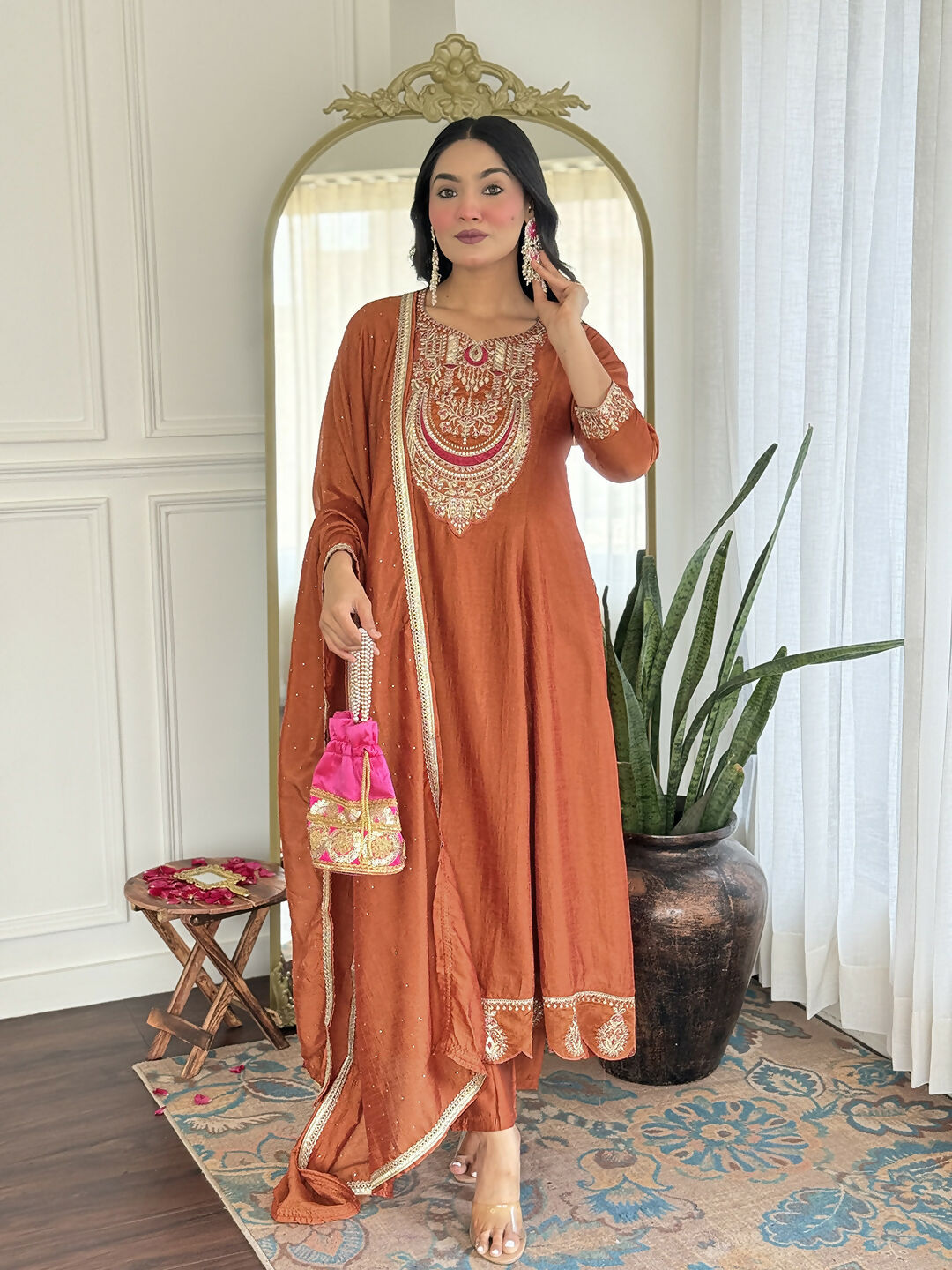 The52 Rust Women's Gorgeous Embroidered Vichitra Silk Fabric Flared Kurta, Pant and Dupatta Set | Grocsy