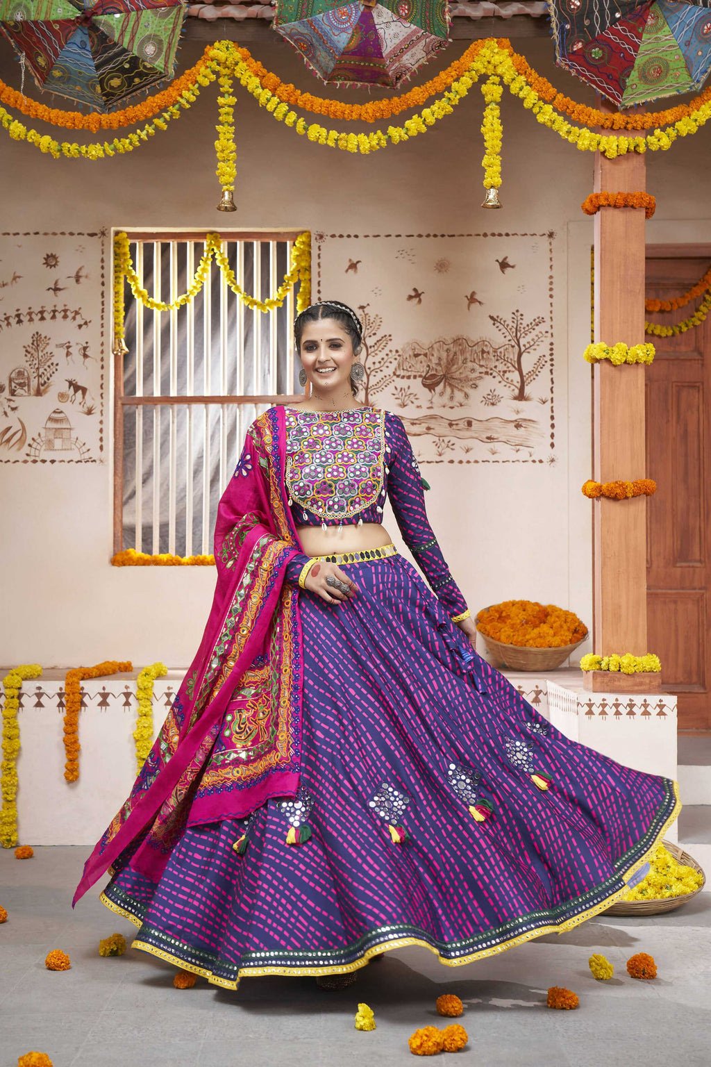 Blue Rayon All over Print with Embroidery Patch Work Navratri Lehenga Choli with Dupatta - Raas | Grocsy