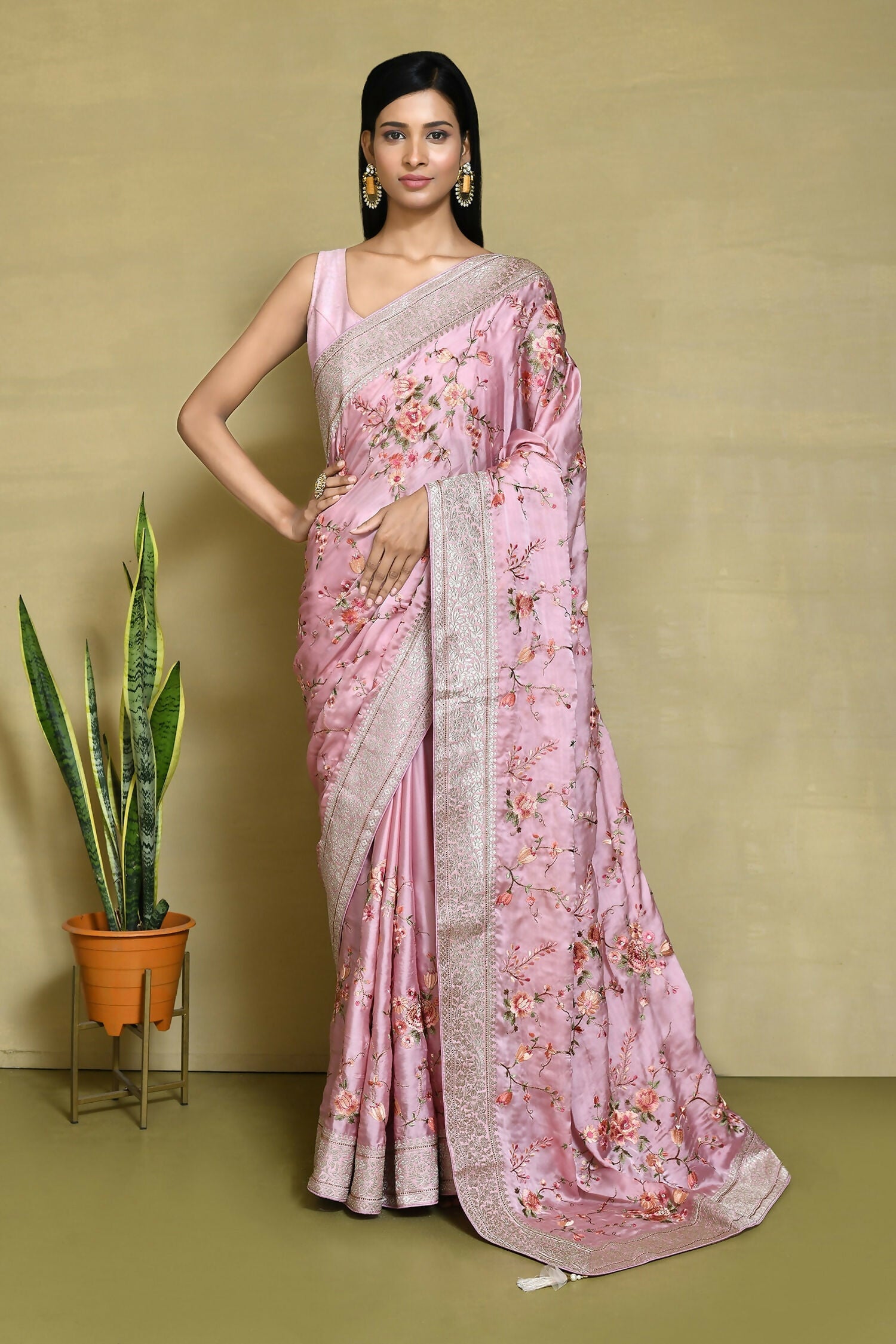 Pink Satin Silk Embroidered With Woven Design Border Festive Saree - Nimaya Denzy | Grocsy