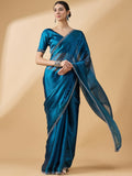 Teal Organza Swaroski Diamond Work Saree with Unstitched Blouse - Radha | Grocsy