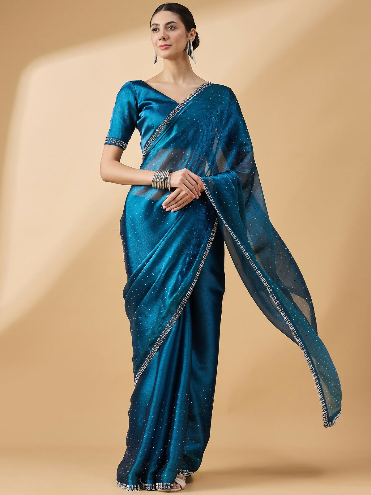 Teal Organza Swaroski Diamond Work Saree with Unstitched Blouse - Radha | Grocsy