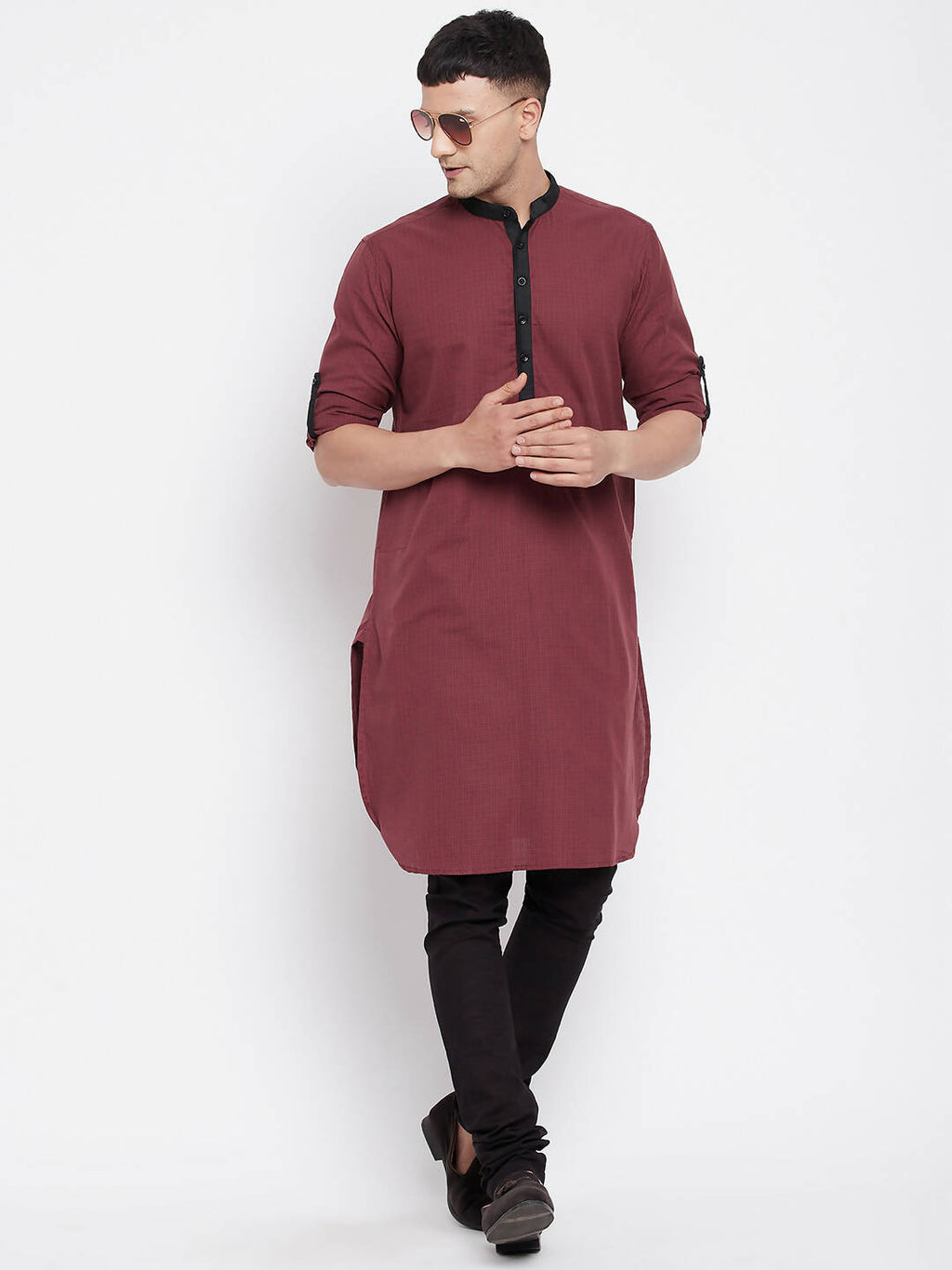 Even Apparels Maroon Pure Cotton Men's Kurta With Contrast Collar And Placket | Grocsy