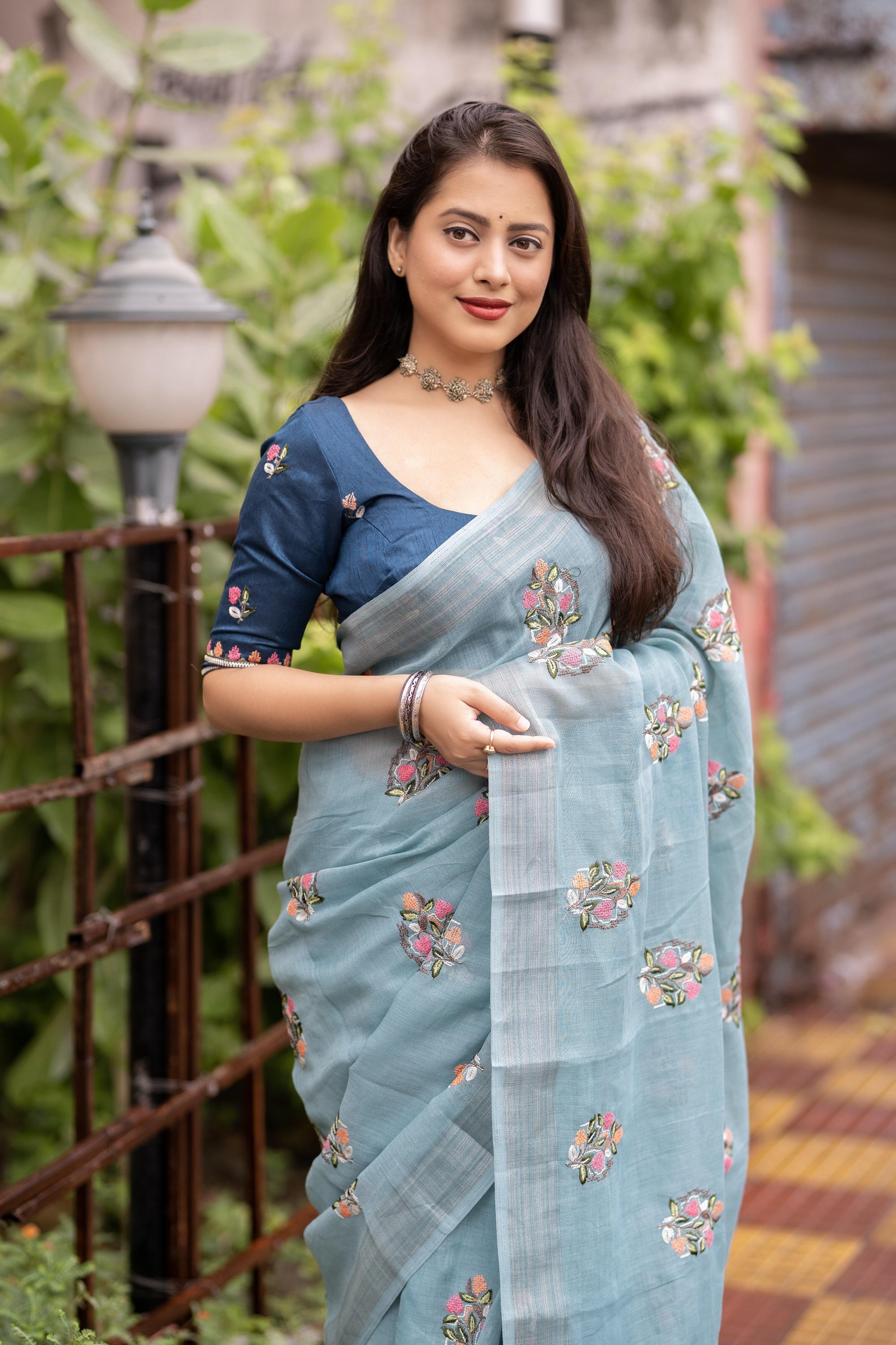 Sky Pure Linen Ethnic Motifs Saree with Unstitched Blouse - A2M | Grocsy