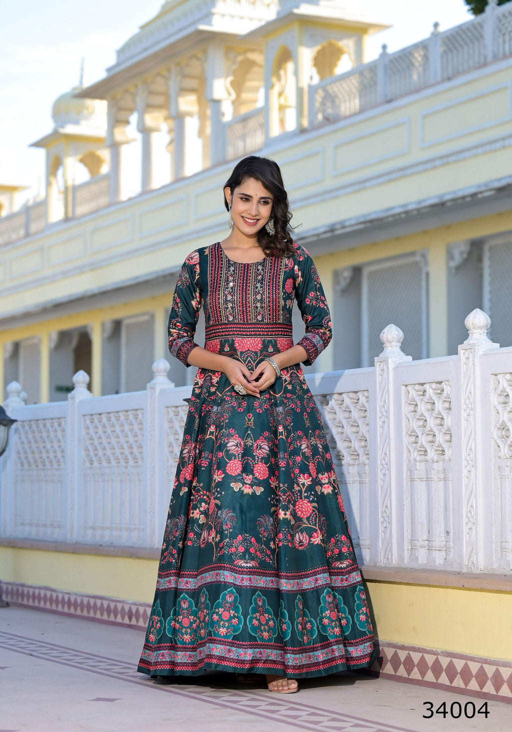 Partywear Designer Green Dola Silk Anarkali suit with Dupatta - Suzen | Grocsy
