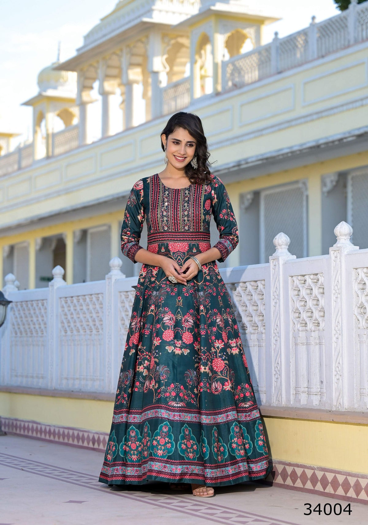 Partywear Designer Green Dola Silk Anarkali suit with Dupatta - Suzen | Grocsy