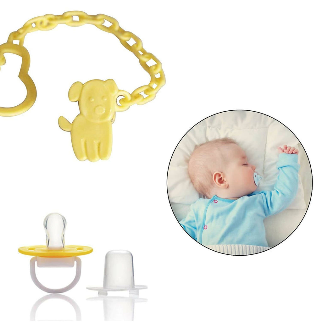 Safe-O-Kid Animal Design Silicone Pacifier/Soother With Holder Chain And Clip, Yellow Dog | Grocsy