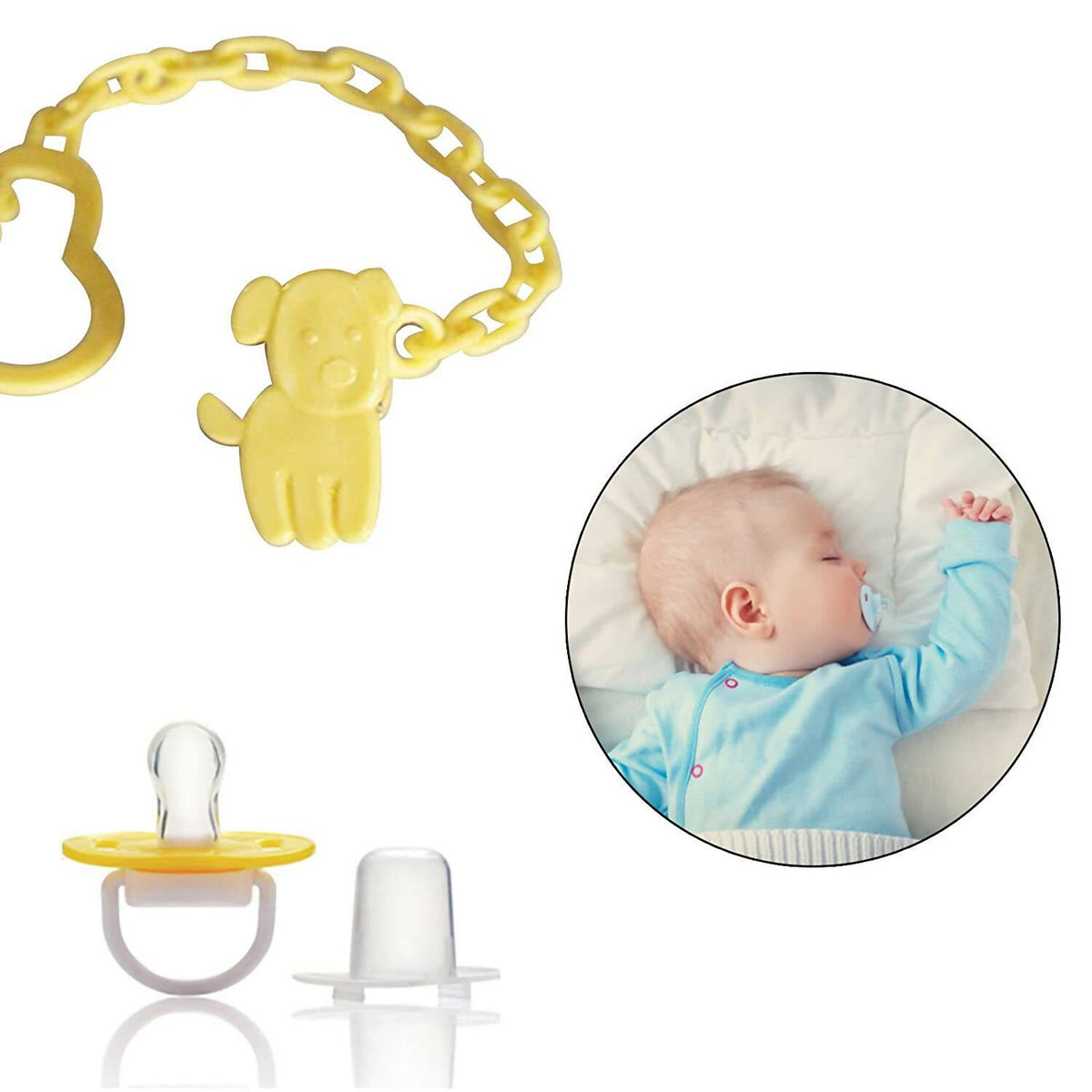 Safe-O-Kid Animal Design Silicone Pacifier/Soother With Holder Chain And Clip, Yellow Dog | Grocsy