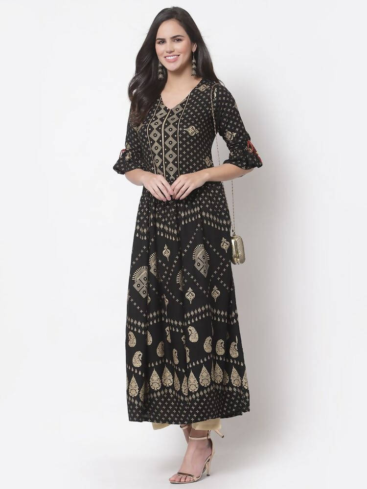 Myshka Women's Black Rayon Printed 3/4 Sleeve V Neck Casual Dress | Grocsy