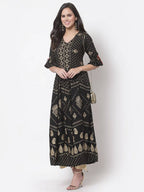 Myshka Women's Black Rayon Printed 3/4 Sleeve V Neck Casual Dress | Grocsy