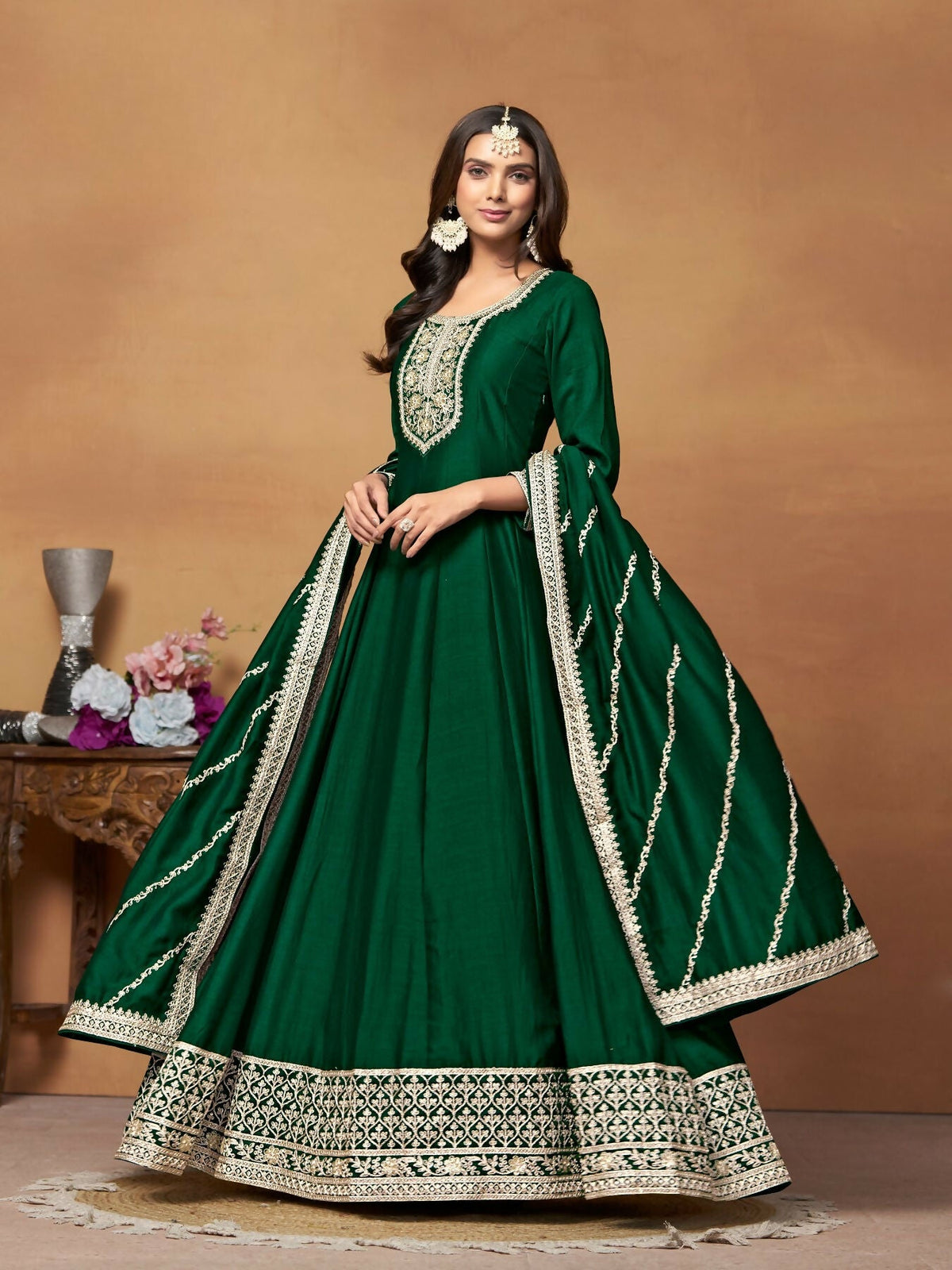 Anaita Green Embroidered Art Silk Anarkali Suit | Grocsy