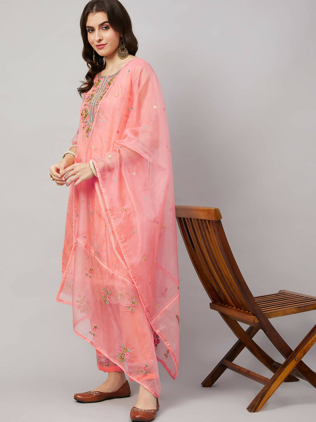 Peach Organza Embroidered Kurta with Bottom & Dupatta - Salimar | Grocsy