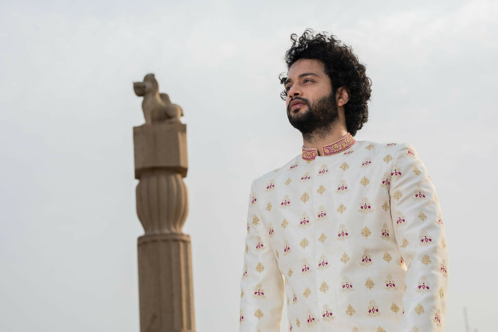 Irenic White Sherwani Set by Hilo Design | Grocsy