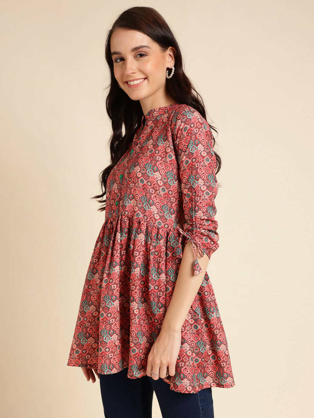 Red Poly Rayon Digital Printed A-line Top - Tarini | Grocsy
