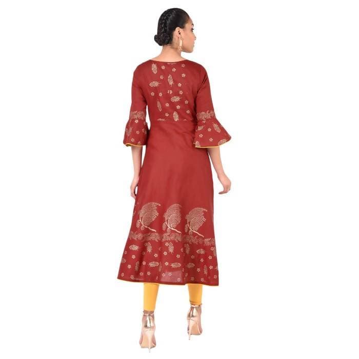 Aniyah Cotton Gold Print Flared Anarkali Kurta Maroon (AN-162K) | Grocsy