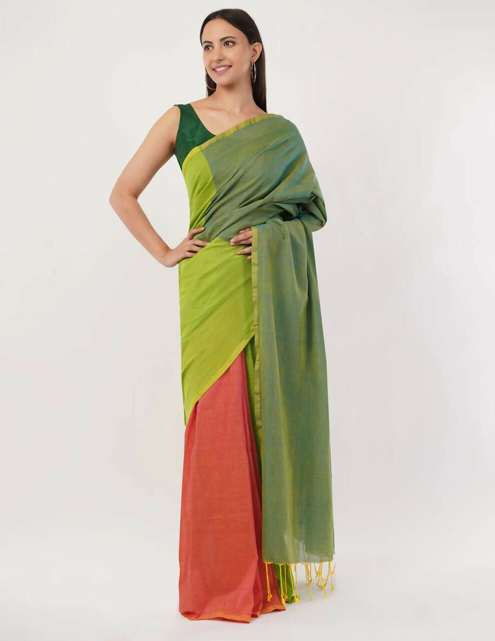 Exclusive Collection Beautiful Khadi Cotton Olive Green Orange Handloom Saree | Grocsy