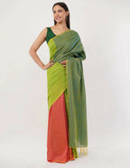 Exclusive Collection Beautiful Khadi Cotton Olive Green Orange Handloom Saree | Grocsy