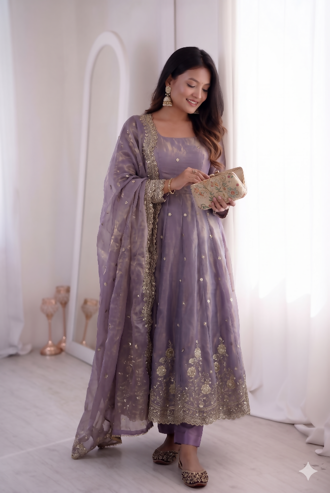 Teeya Creation Womens New Latest Trendy Elegant Lavendar Embroidered Anarkali Suit Set with Scalloped Dupatta | Grocsy