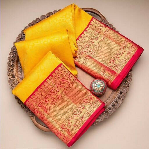 DEIANA'S Beautiful Designer Golden zari Soft Lichi Silk Saree - Yellow | Grocsy