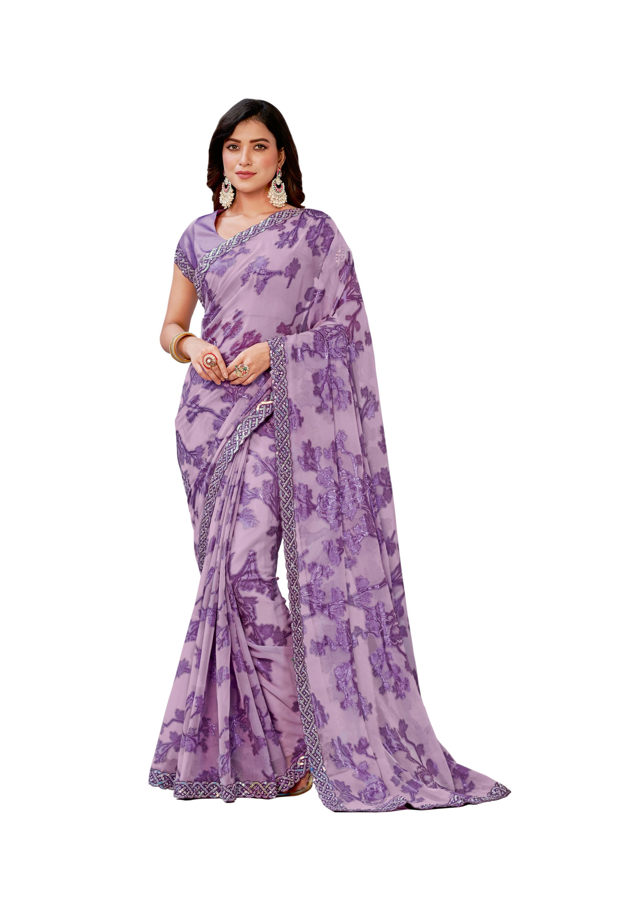 Purple Georgette Zari Jacquard Embroidered Border With Sequence Work Saree With Unstitched Blouse Piece - Norita Zaina | Grocsy