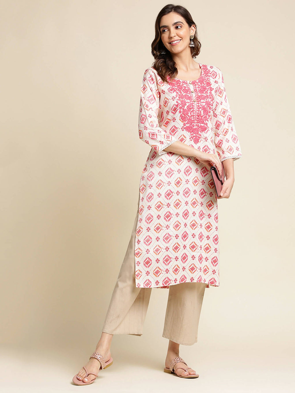 Pink Poly Rayon Aztec Printed Straight Fit Kurta - Prasuti | Grocsy
