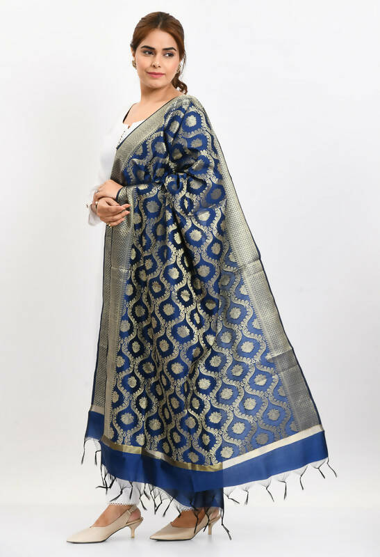 Mominos Fashion Moeza Women's Banarsi Silk All Over Woven Design Navy Blue Dupatta | Grocsy