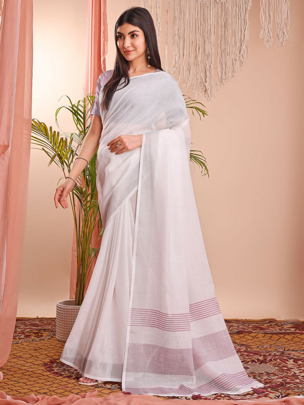 Shree Shyam Fashion The White Loom White Linen Cotton Saree | Grocsy
