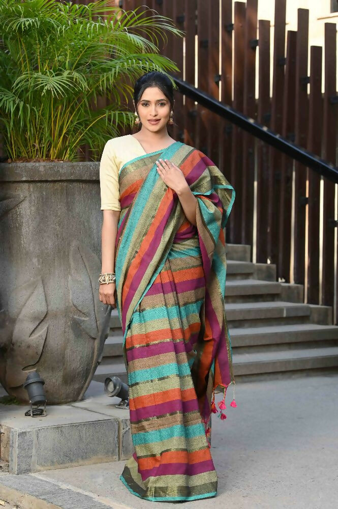 Beatitude Multicolor Cotton Stripes Golden Zari Saree | Grocsy