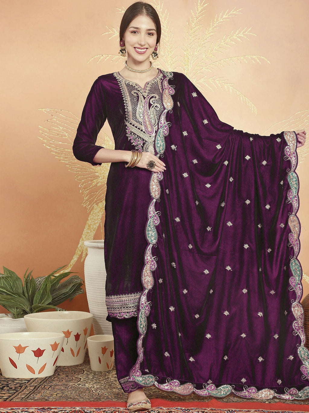 Jyoti Fashion Women's Wine Velvet Cording with Resham Thread & Sequin Kurta with Trouser & Dupatta | Grocsy