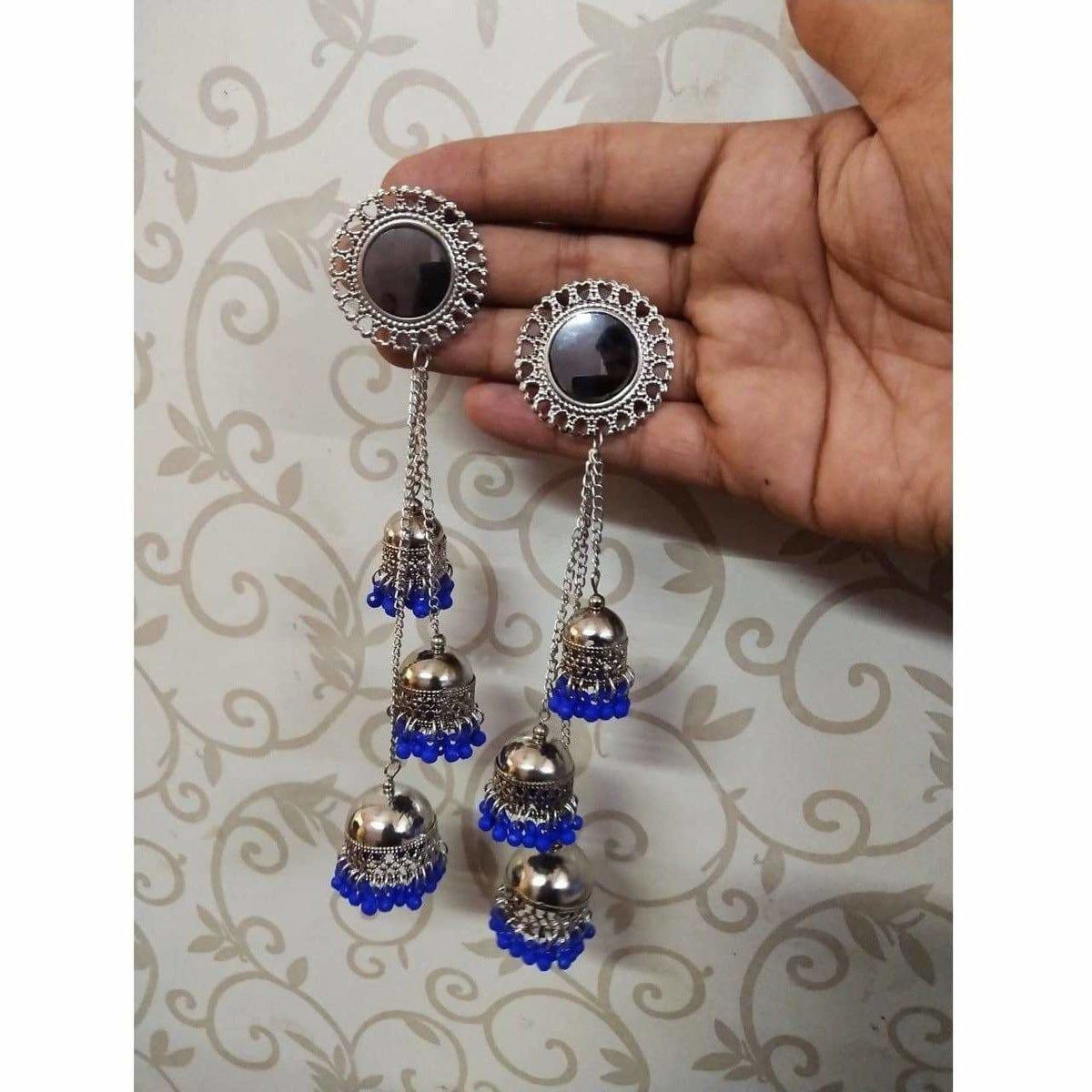 MS Fashion India Kashmiri Triple Blue Color Pearls Hanging Jhumka Earrings | Grocsy