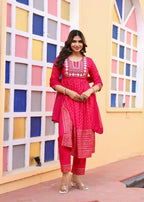 Alvano Women's A-line Naira Cut Embroidery work Print Kurti with Pant and Dupatta set Rayon (Red) | Grocsy