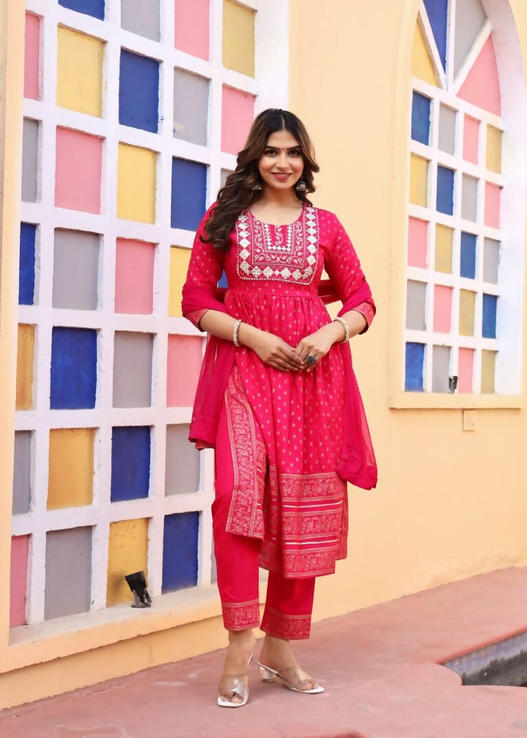 Alvano Women's A-line Naira Cut Embroidery work Print Kurti with Pant and Dupatta set Rayon (Red) | Grocsy