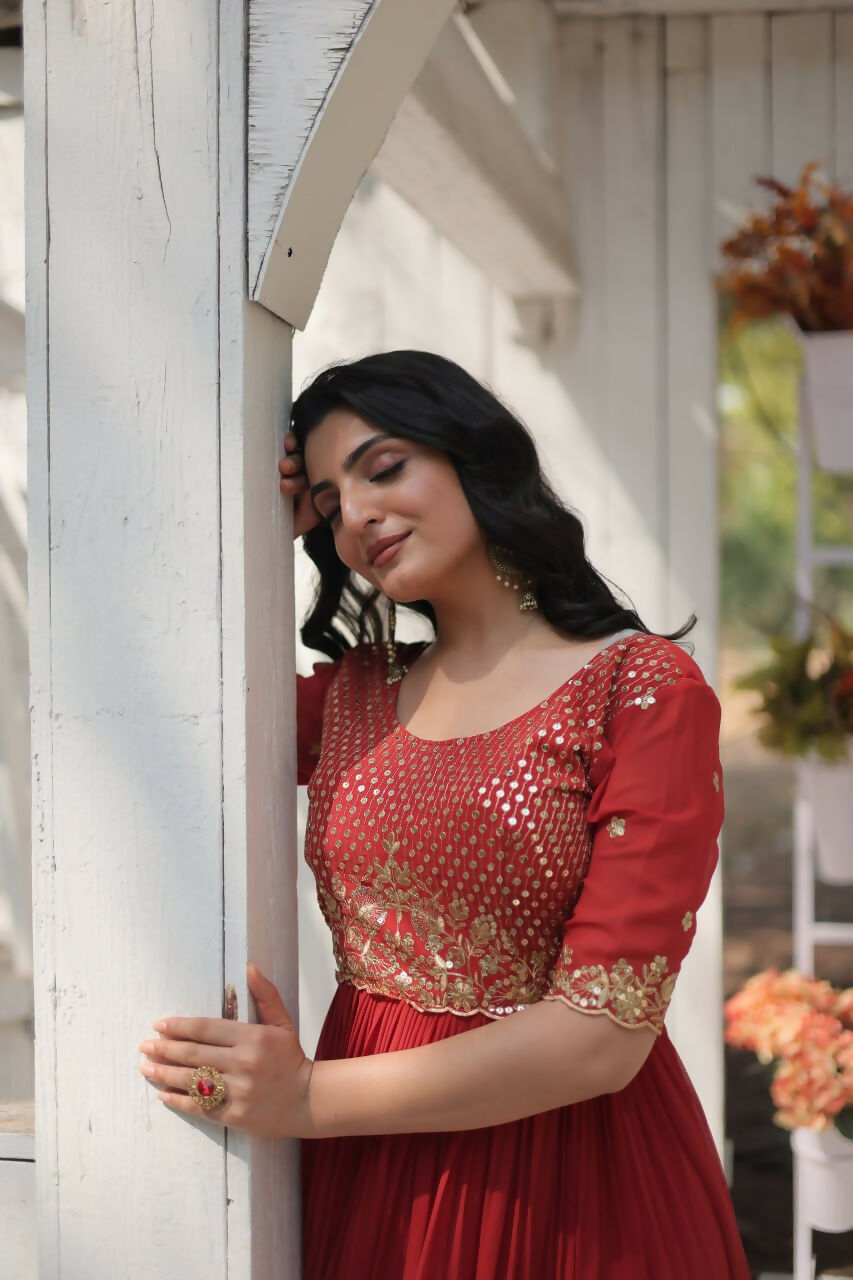 Vastranavya Faux Blooming with Embroidery Zari Sequins-work Gown - Orange | Grocsy
