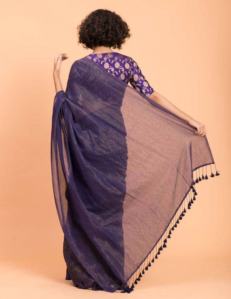 Suta Purple Woven Zari Striped Pure Handloom Cotton Saree | Grocsy