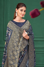 Blue Tussar Silk Jacquard Abstract Digital Print Saree with Unstitched Blouse - Mohira | Grocsy