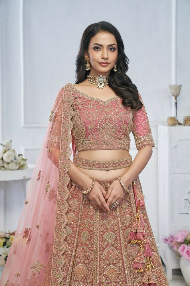 Kesar Fab Onion Net Embroidered Lehenga | Grocsy