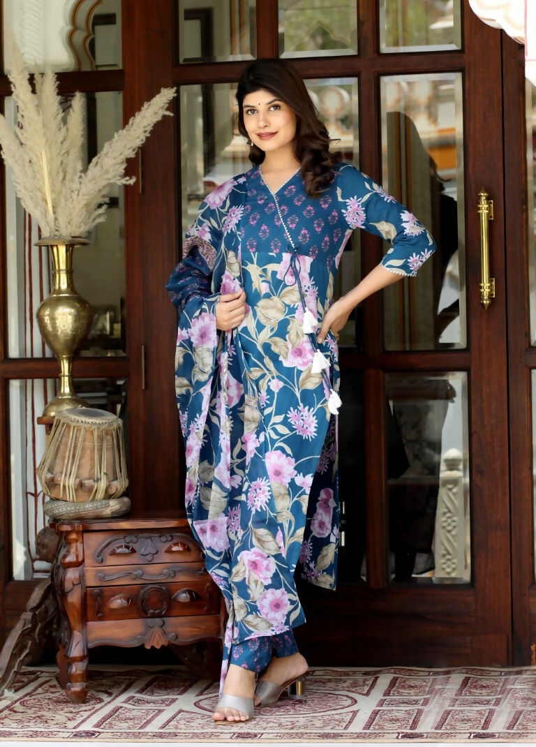 Miravan Women's Cotton Floral Angrakha Kurta And Palazzo With Dupatta Set | Grocsy