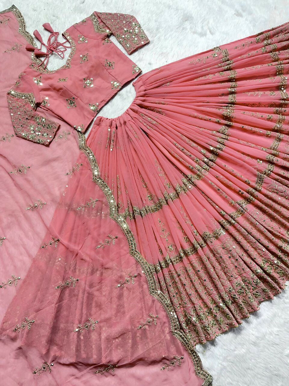 Jyoti Fashion Women's Baby Pink Faux Georgette 5MM Sequins with Zari Embroidered Designer Lehenga Choli Set | Grocsy