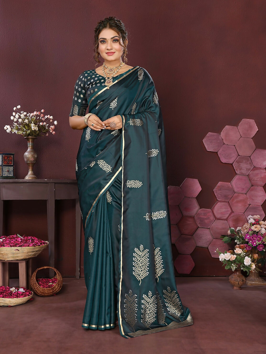 Joban Fashion Teal Floral Motifs Banarasi Silk Sarees | Grocsy