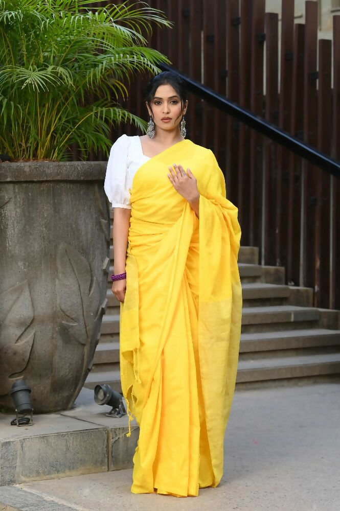 Beatitude Yellow Cotton Ghicha Pallu Saree | Grocsy
