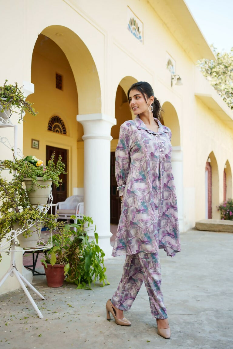 Vaasva Women Lavender Muslin Printed Shirt & Pant Set | Grocsy