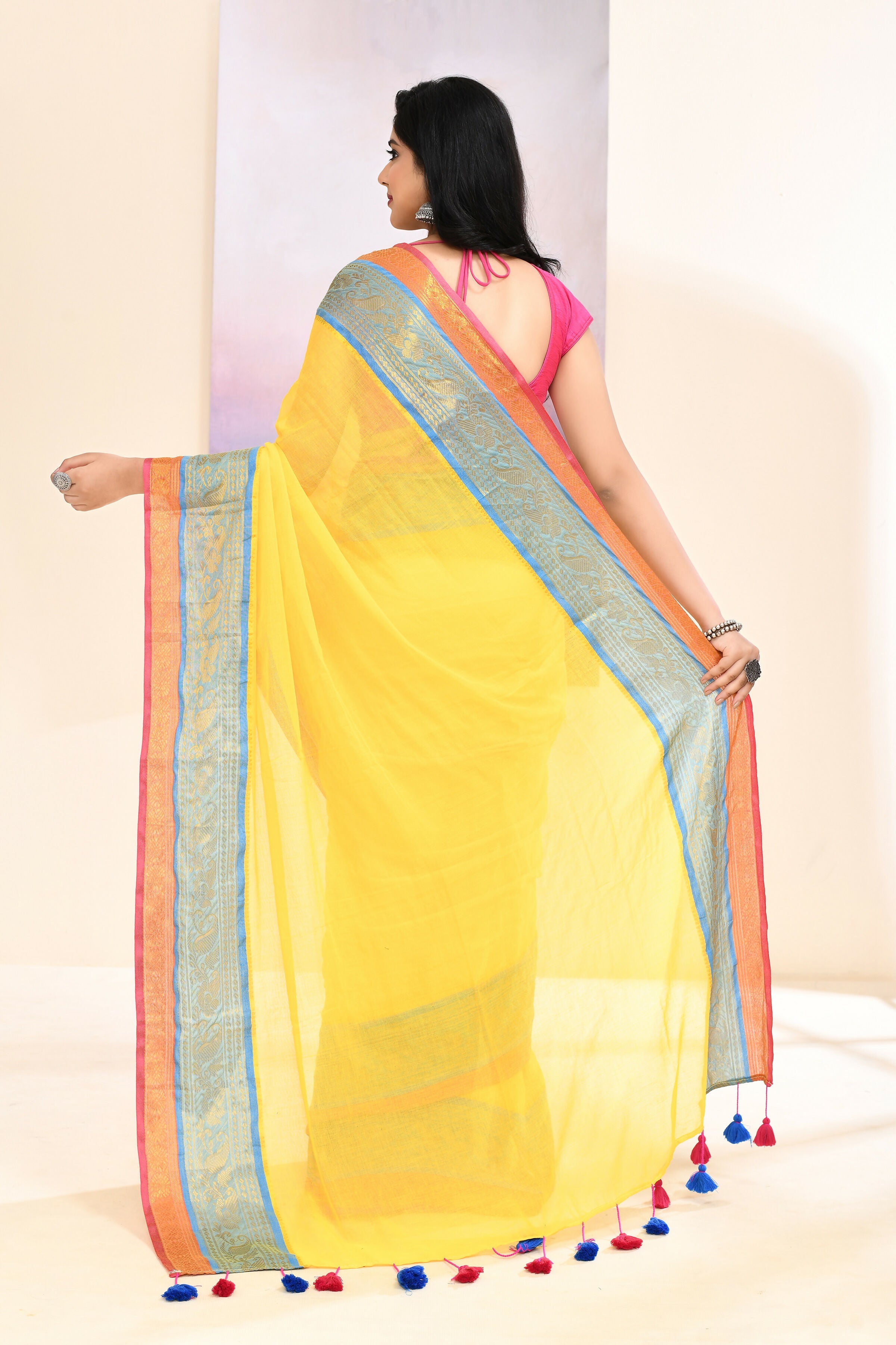 Piyari Fashion Women's Yellow Embellished Zari Border Cotton Saree | Grocsy