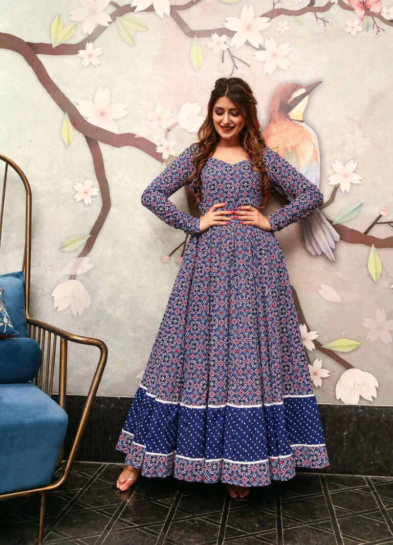 Jyoti Fashion Women's Navy Blue Heavy Digital Printed Cotton Silk Anarkali Dress | Grocsy