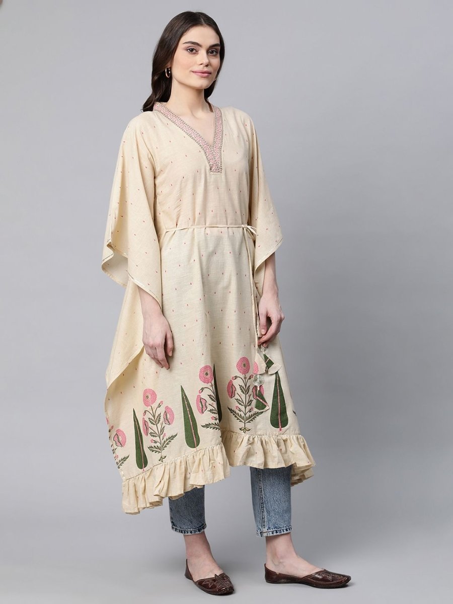 Ahalyaa Women Beige Pure Cotton Floral Printed Kaftan Kurta | Grocsy