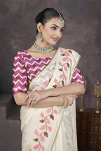 Vastranavya Off White Soft Crush Georgette Thread Embroidery work of Leaf Pattern with Patched Lace Border Saree | Grocsy