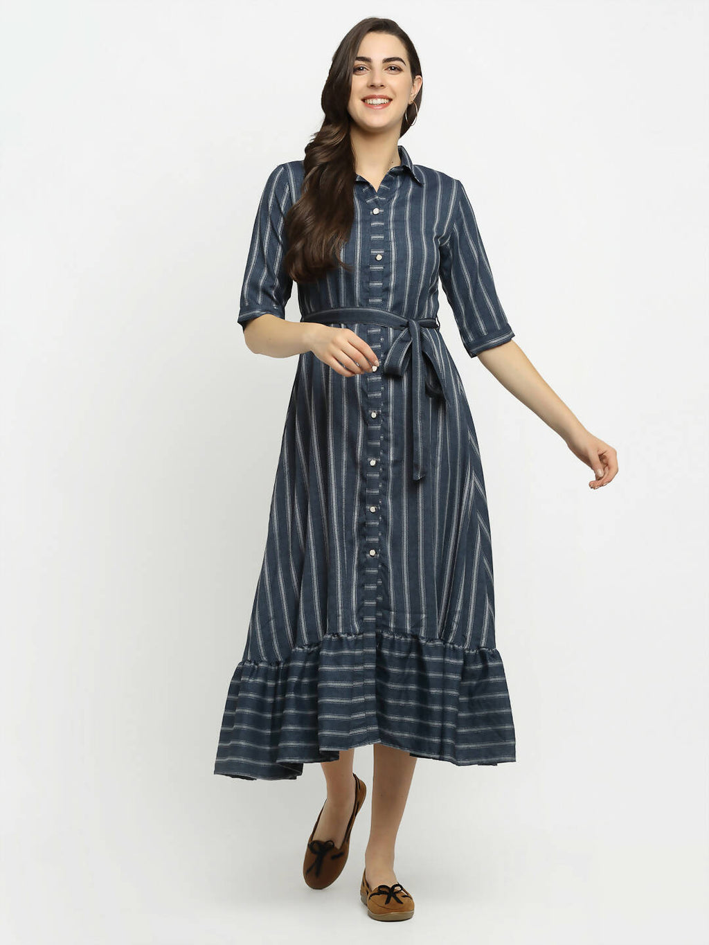 Rudra Bazaar Grey A-Line Striped Kurta | Grocsy