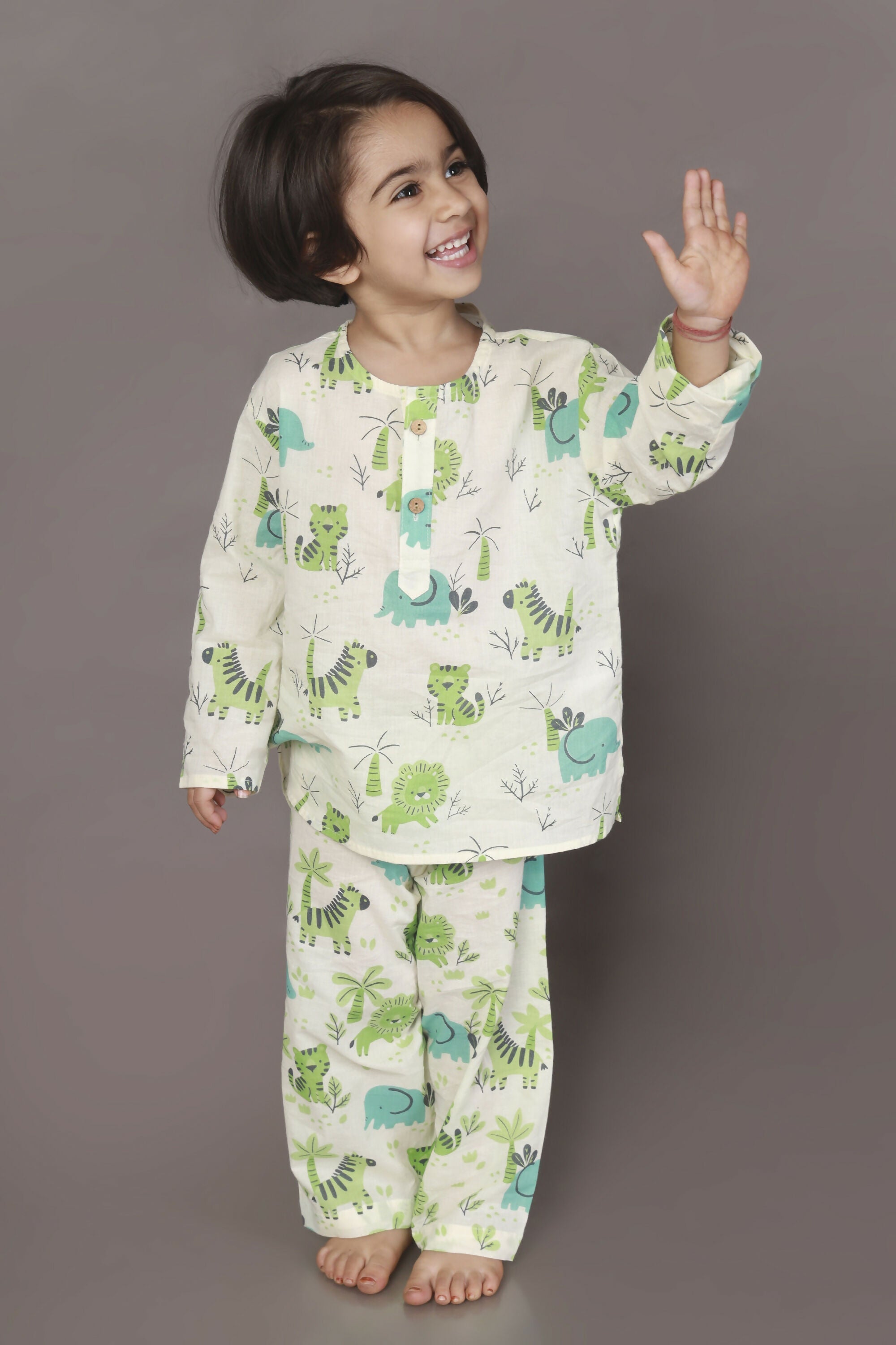 Breathables White Blue-Green Animal Cotton Nightsuit | Boys & Girls Kids | Grocsy