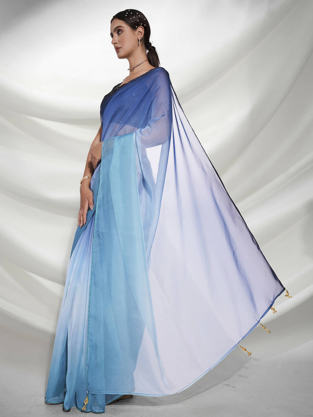 Blue Organza Solid Saree With Unstitched Blouse Piece - Shanaya | Grocsy