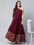 Ahalyaa Women Burgundy & Gold-Toned Ethnic Motifs One Shoulder Ethnic Maxi Dress | Grocsy