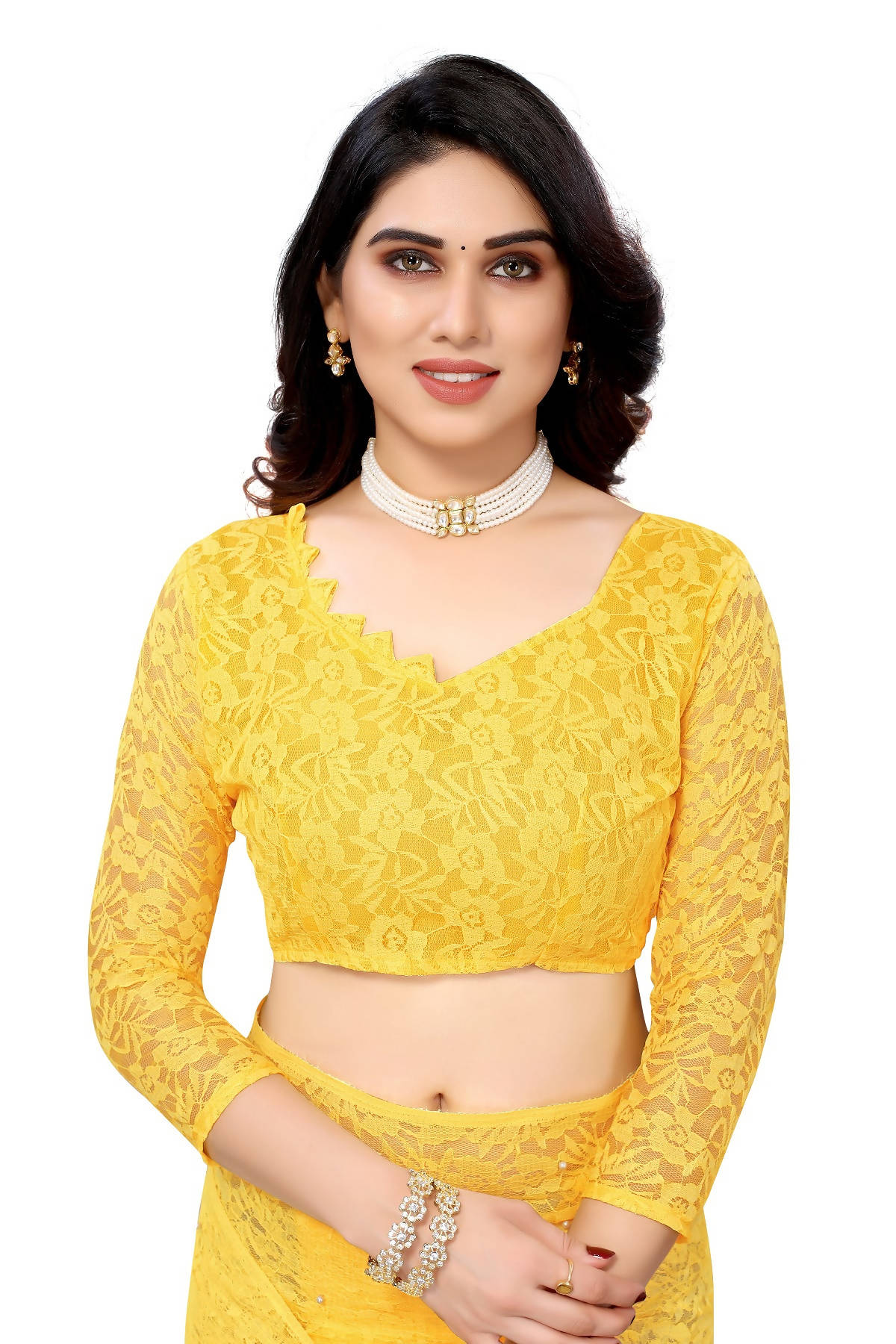 Vamika Ethnic Fire Yellow Pearls Net Saree | Grocsy