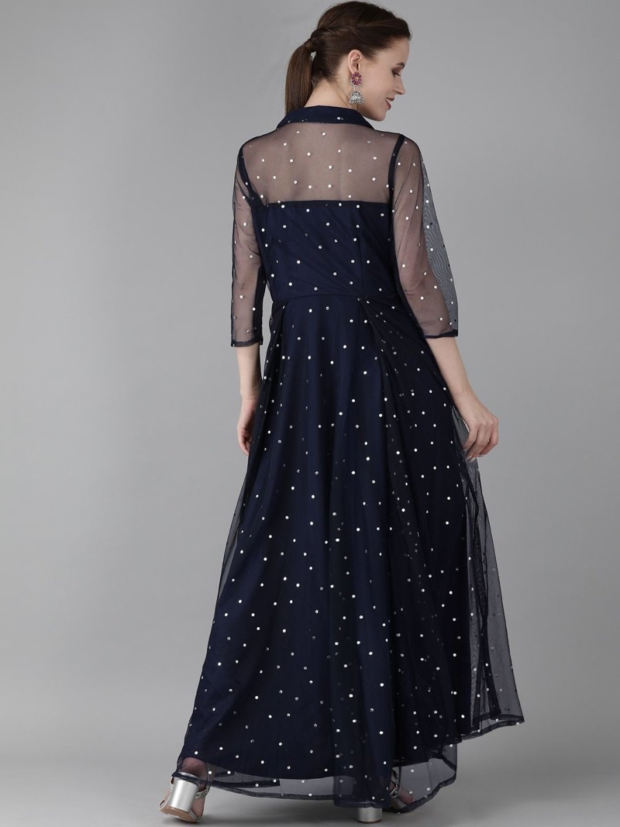 Ahalyaa Navy Blue Net & Crepe Silver Toned Polka Dots Printed Maxi Dress | Grocsy